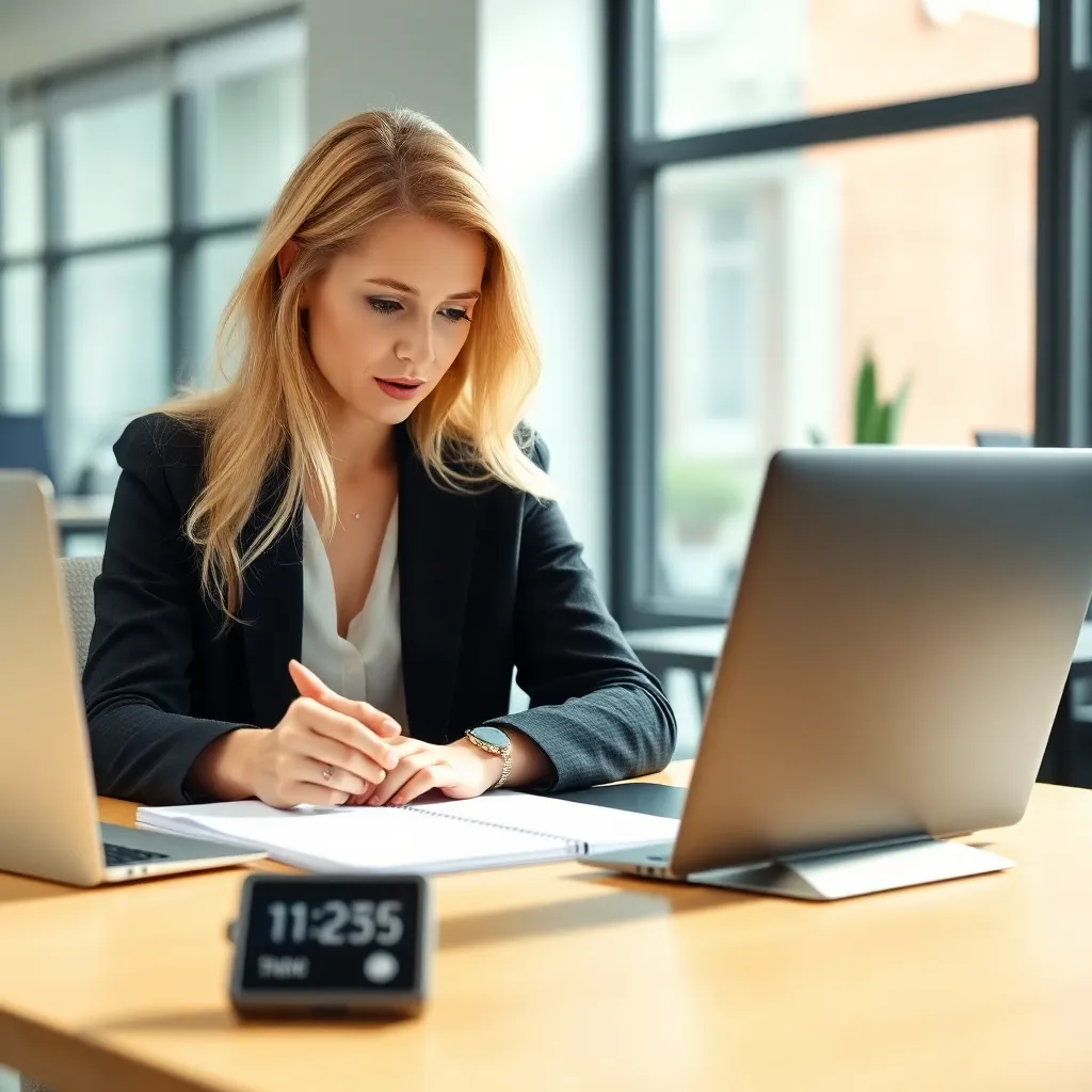 Professionele vrouw die de Pomodoro-techniek toepast met timer op haar bureau