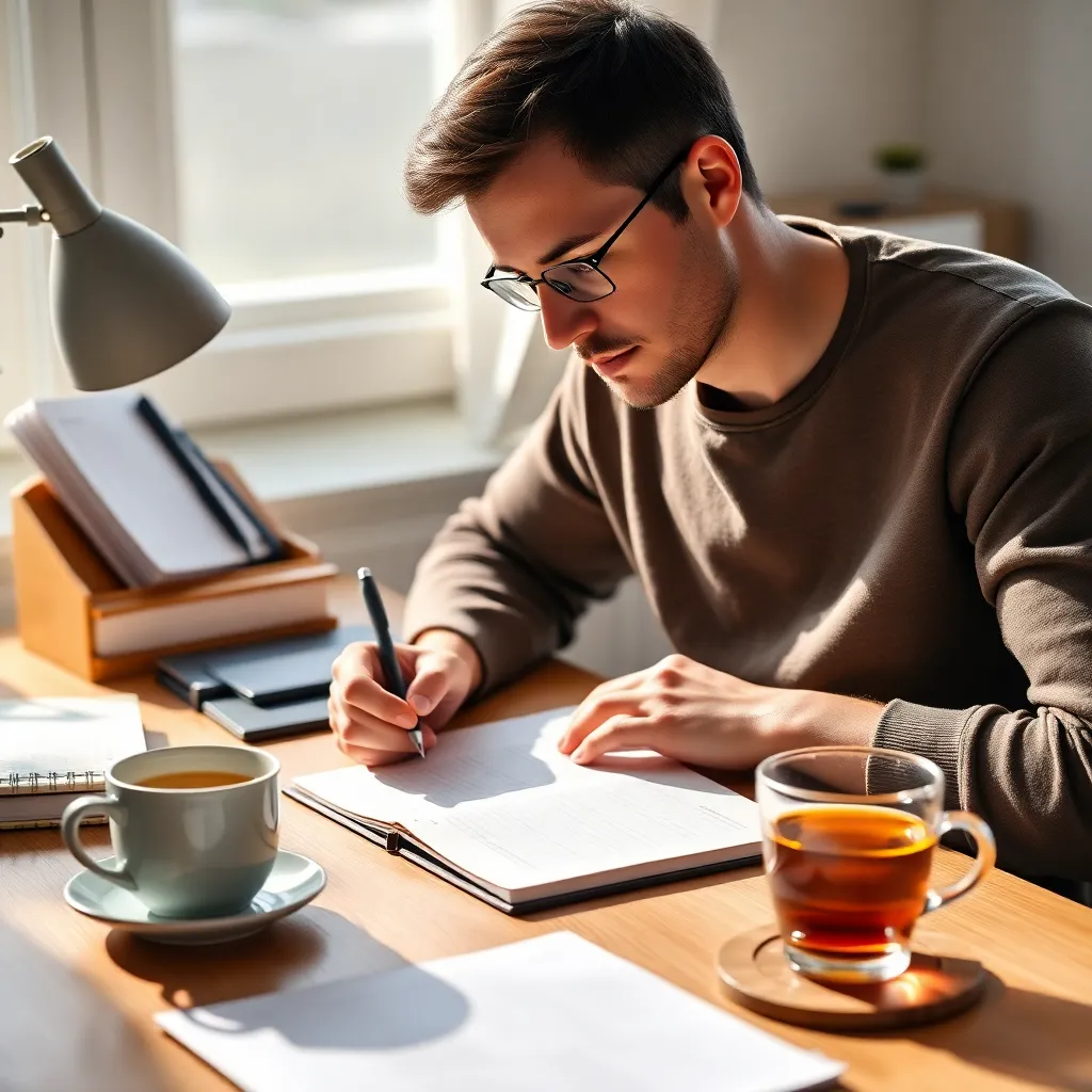 Persoon die meditatief aan tafel zit met een journal en koffie